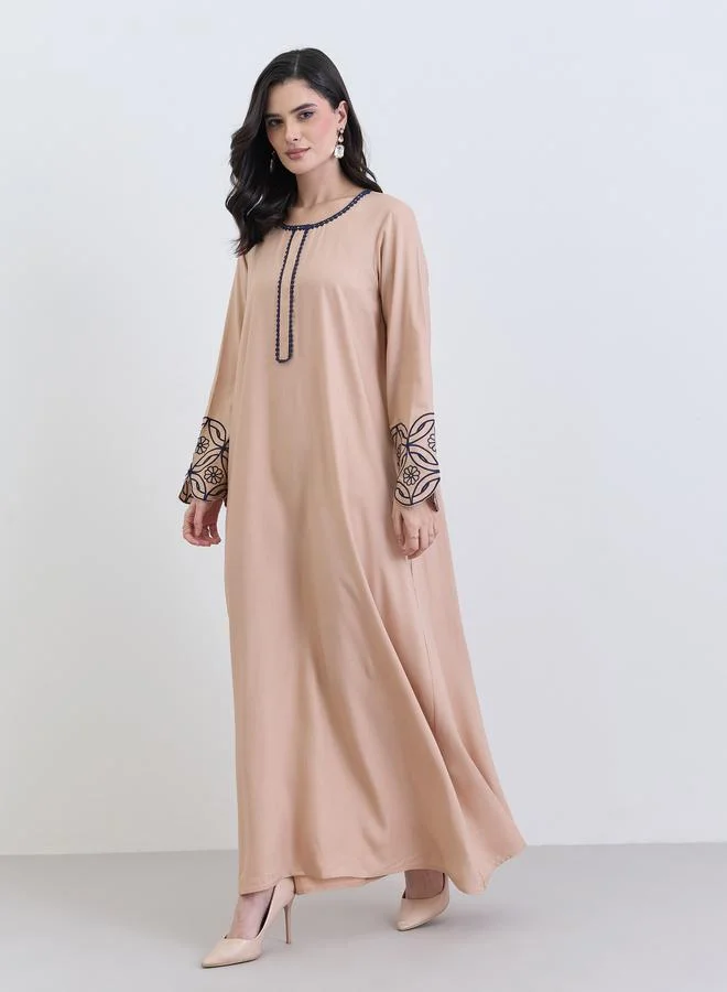 Amirah Beige Embroidered A-Line Jalabiya