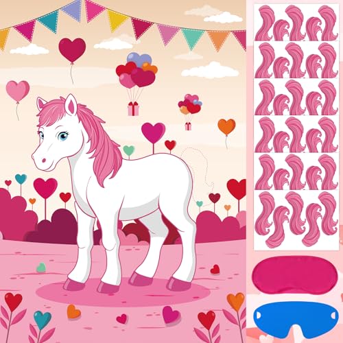 Adecortalk Pin The Tail On The Horse Game With 30 Pcs Tails Stickers Large Pink House Game Poster for Kids Girls Cowgirl Western Birthday Carnival Party Supplies Valentines Party Favor - Image 1