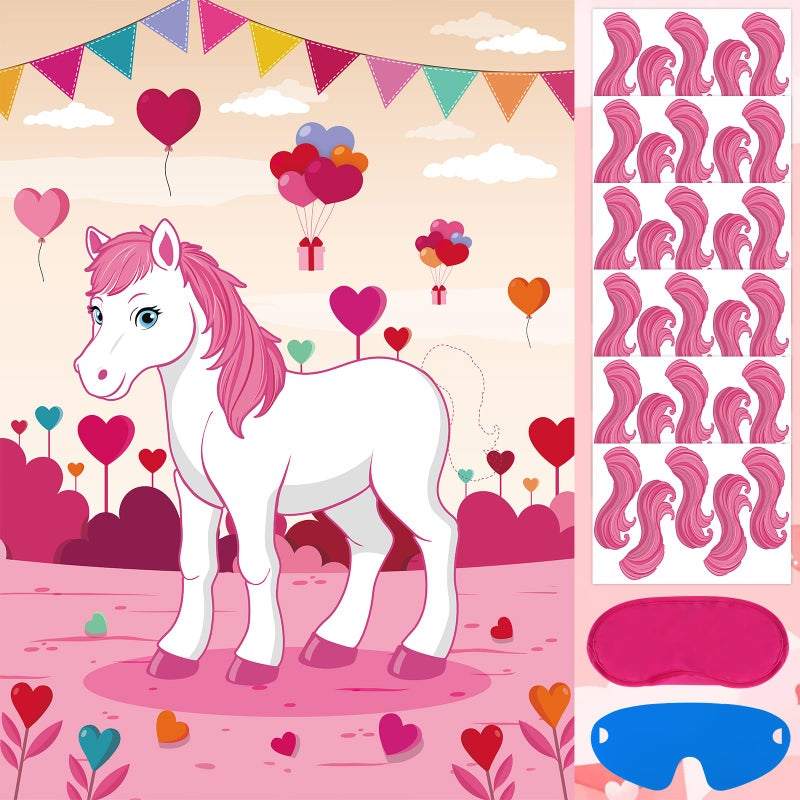 Adecortalk Pin The Tail On The Horse Game With 30 Pcs Tails Stickers Large Pink House Game Poster for Kids Girls Cowgirl Western Birthday Carnival Party Supplies Valentines Party Favor - Image 3