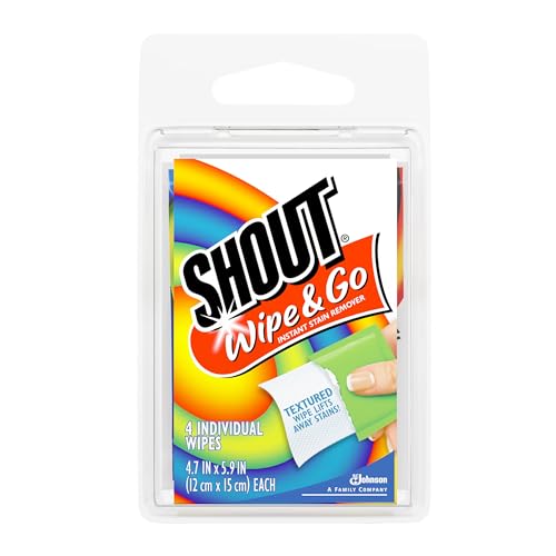 Shout Wipes Stain Remover for Clothes Laundry, Instant Stain Remover and Individually Wrapped, Travel Essentials, Works on Everyday Stains, 4 Wipes (Pack of 1) - Image 1