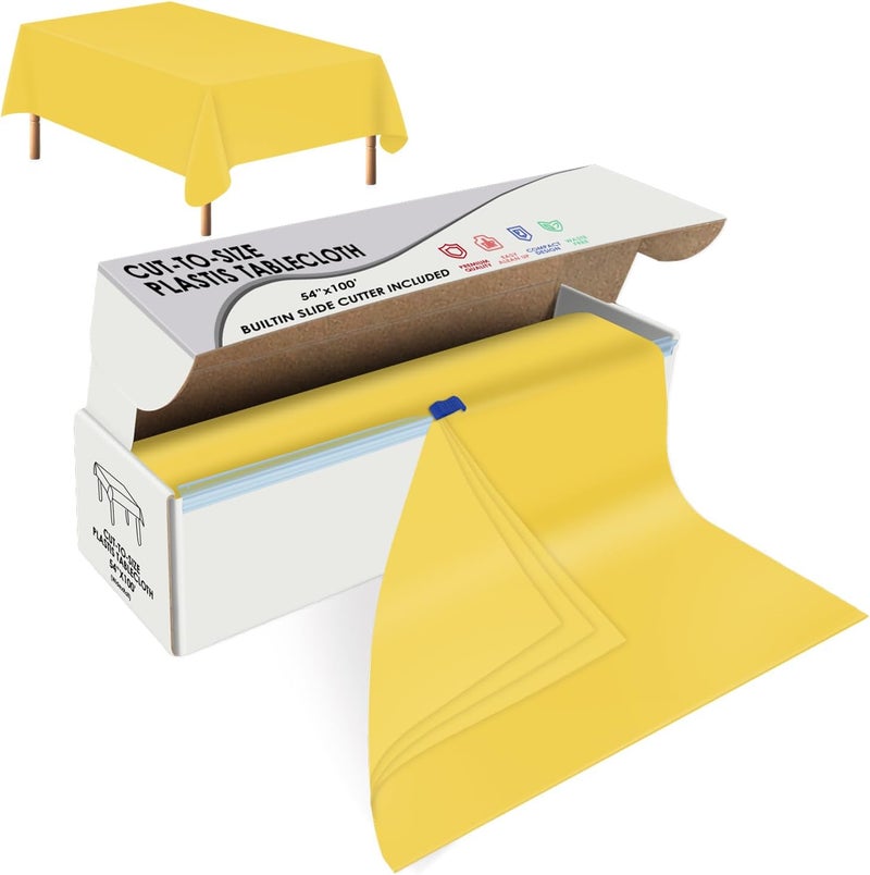 tujol Yellow Disposable Plastic Table Cloth Roll 54" X 100', Plastic Table Cover with Cutter Box, Cut to Size Disposable Tablecloth for Parties - Image 1