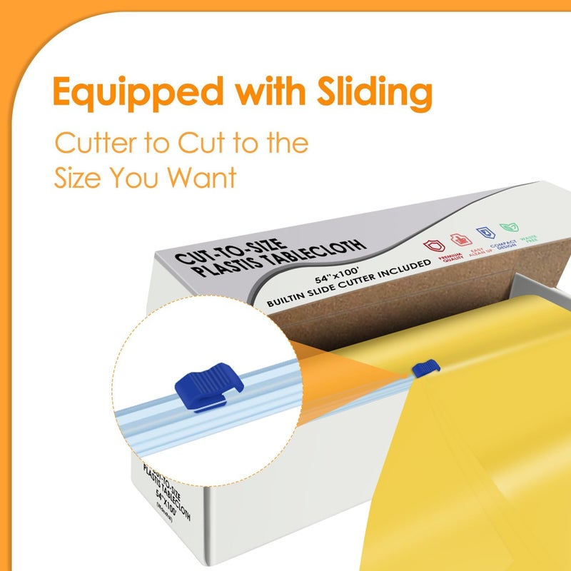 tujol Yellow Disposable Plastic Table Cloth Roll 54" X 100', Plastic Table Cover with Cutter Box, Cut to Size Disposable Tablecloth for Parties - Image 3