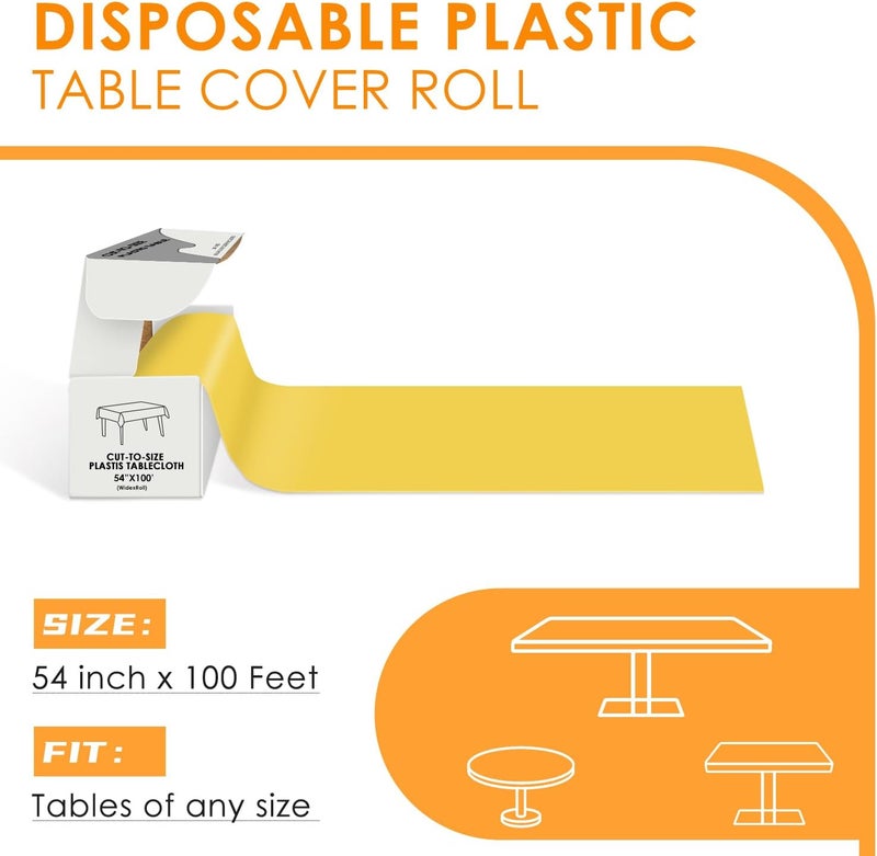tujol Yellow Disposable Plastic Table Cloth Roll 54" X 100', Plastic Table Cover with Cutter Box, Cut to Size Disposable Tablecloth for Parties - Image 2