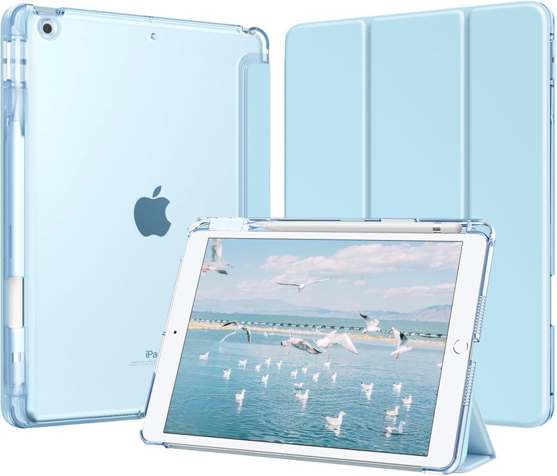 MoKo for iPad 9th/8th/7th Generation Case 10.2-Inch 2021/2020/2019 with Pencil Holder, Slim Light Trifold Smart Protective Cover for iPad 10.2 with Hard PC Translucent Back Shell, Sky Blue - Image 1