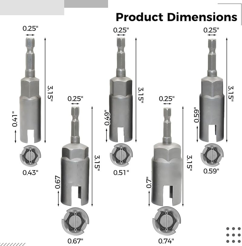 مجموعة من 5 قطع من مفكات صواميل الجناح، 1/4 بوصة، مع مقابس تأثير سداسية الرأس مقاسات 11، 13، 15، 17، 19 ملم، مصنوعة من سبيكة الكروم فاناديوم. - Image 3