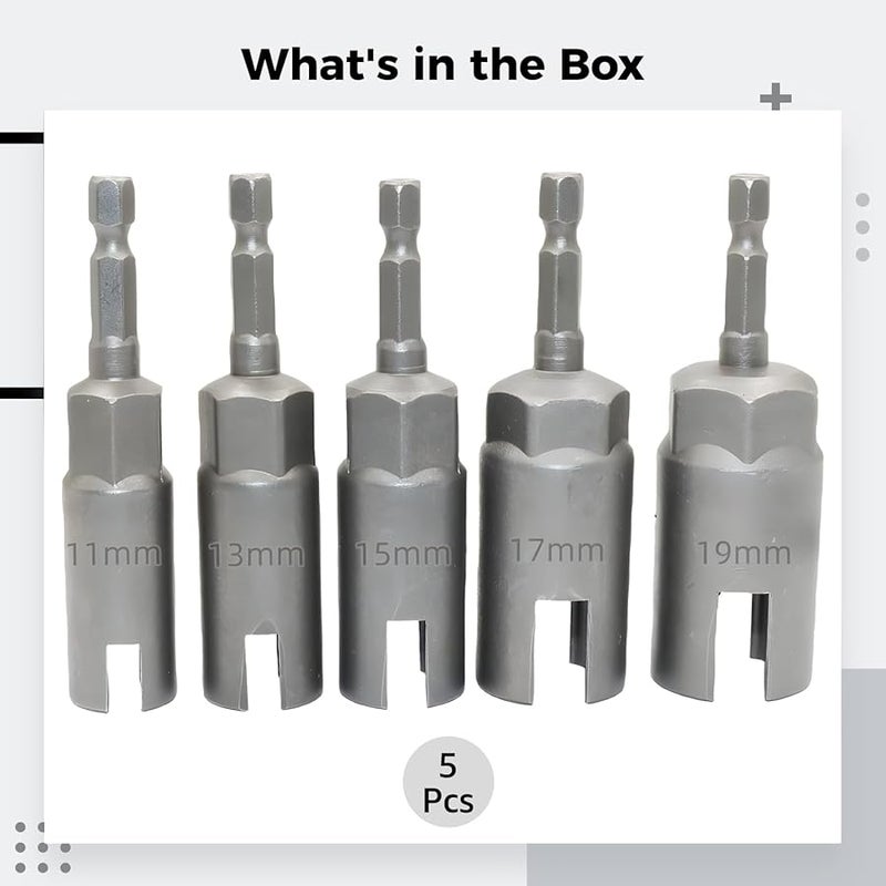 مجموعة من 5 قطع من مفكات صواميل الجناح، 1/4 بوصة، مع مقابس تأثير سداسية الرأس مقاسات 11، 13، 15، 17، 19 ملم، مصنوعة من سبيكة الكروم فاناديوم. - Image 4