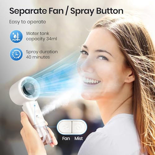 SUTENG Portable Handheld Misting Fan, 2 in1 Rechargeable Mini Turbo Fans, 5 Speed Adjustable Cooling Hand Fan, Personal Mister Fans with LED Digital Display for Beach, Travel, Outdoor, Office - Image 2