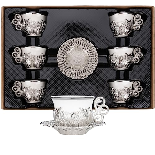 Alisveristime Turkish Coffee Cup Set White Porcelain and Zinc Metal with Turkish Motifs 6 Cups and Saucers Silver