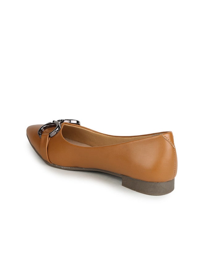 She Zone Camel Brown Buckle Embellished Ballerinas for Women - Image 3