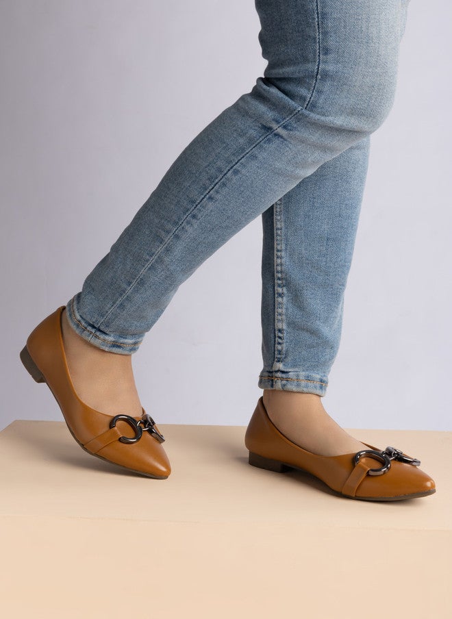 She Zone Camel Brown Buckle Embellished Ballerinas for Women - Image 1
