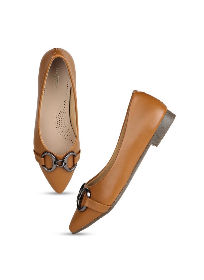 She Zone Camel Brown Buckle Embellished Ballerinas for Women - Image 2