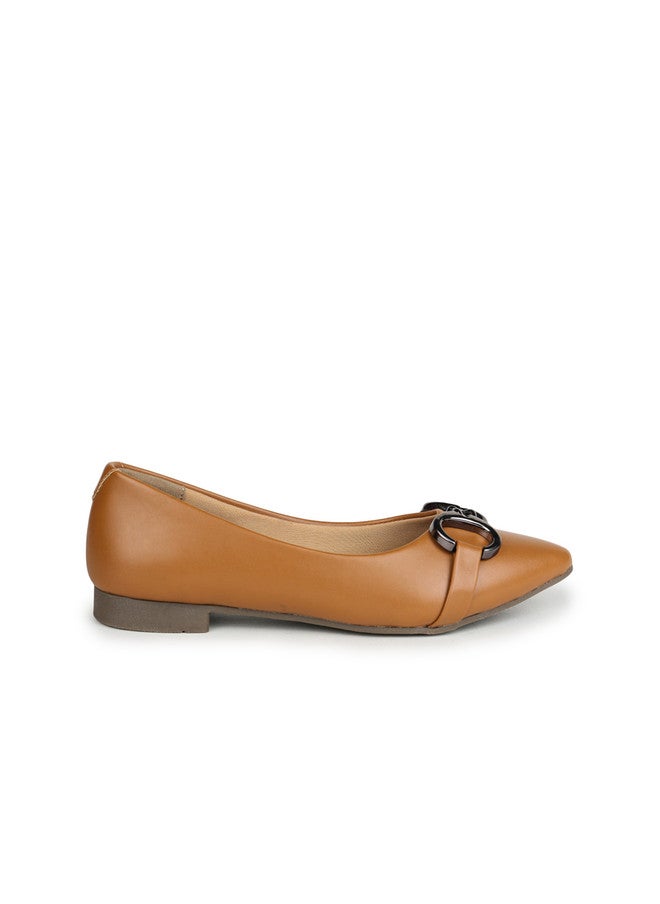 She Zone Camel Brown Buckle Embellished Ballerinas for Women - Image 4