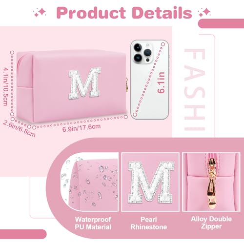 ChaoGreat Bride Gifts – Personalized Initial Makeup Bag with Pearl Rhinestone Patch, Preppy Pink Monogram Cosmetic/Toiletry Pouch, bridesmaid Gifts, Bridal Shower Gifts, Wedding Gifts, Bridal Gifts,M - Image 2