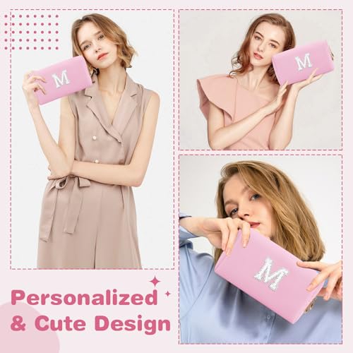 ChaoGreat Bride Gifts – Personalized Initial Makeup Bag with Pearl Rhinestone Patch, Preppy Pink Monogram Cosmetic/Toiletry Pouch, bridesmaid Gifts, Bridal Shower Gifts, Wedding Gifts, Bridal Gifts,M - Image 3