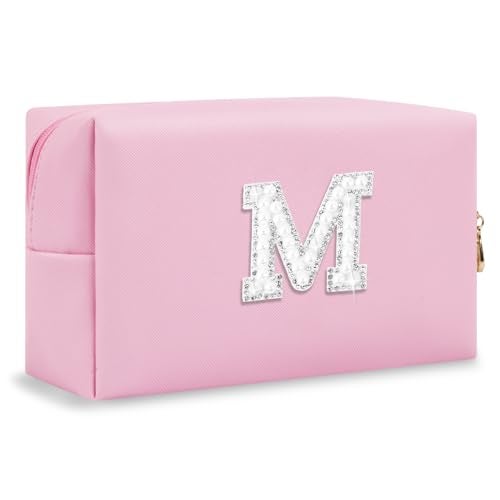 ChaoGreat Bride Gifts – Personalized Initial Makeup Bag with Pearl Rhinestone Patch, Preppy Pink Monogram Cosmetic/Toiletry Pouch, bridesmaid Gifts, Bridal Shower Gifts, Wedding Gifts, Bridal Gifts,M - Image 1