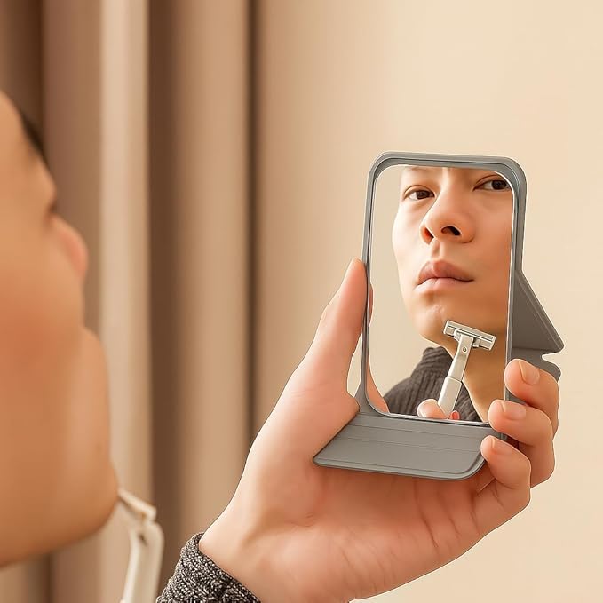FLAVION Travel Mini Makeup Mirror(11 x 7 cm),Portable Folding Mirrorwith Stand,Light Weight and Slim Design for Purse,Travel,Use Anywhere,Easy Portability,Fits in Purse,Bag,Pocket (Grey, Pack of 1) - Image 5
