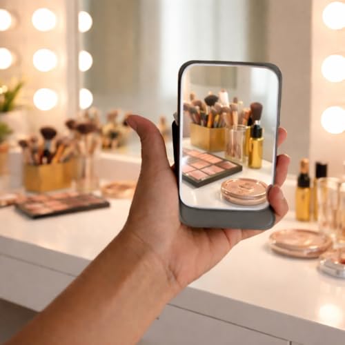 FLAVION Travel Mini Makeup Mirror(11 x 7 cm),Portable Folding Mirrorwith Stand,Light Weight and Slim Design for Purse,Travel,Use Anywhere,Easy Portability,Fits in Purse,Bag,Pocket (Grey, Pack of 1) - Image 3