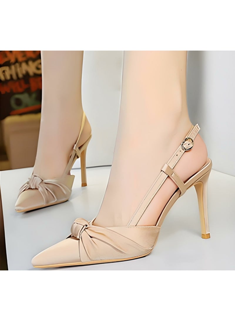 BIGTREE Women's Satin Closed Pointed Toe Pumps Slingback High Heels Sandals With Strap Champagne 9CM - Image 3