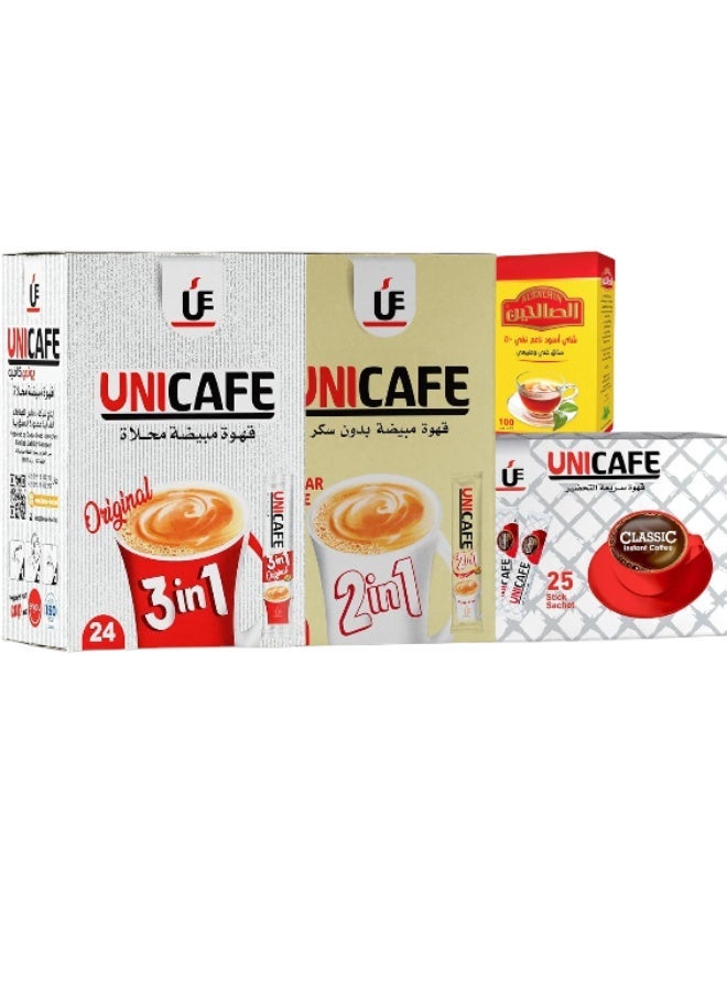 Unicafe Assorted Coffee Mix – 3 in 1 Sweetened + 2 in 1 Sugar Free + Classic Instant Coffee | 73 Sachets Total + Free Al-Saleheen Premium Tea - Image 1