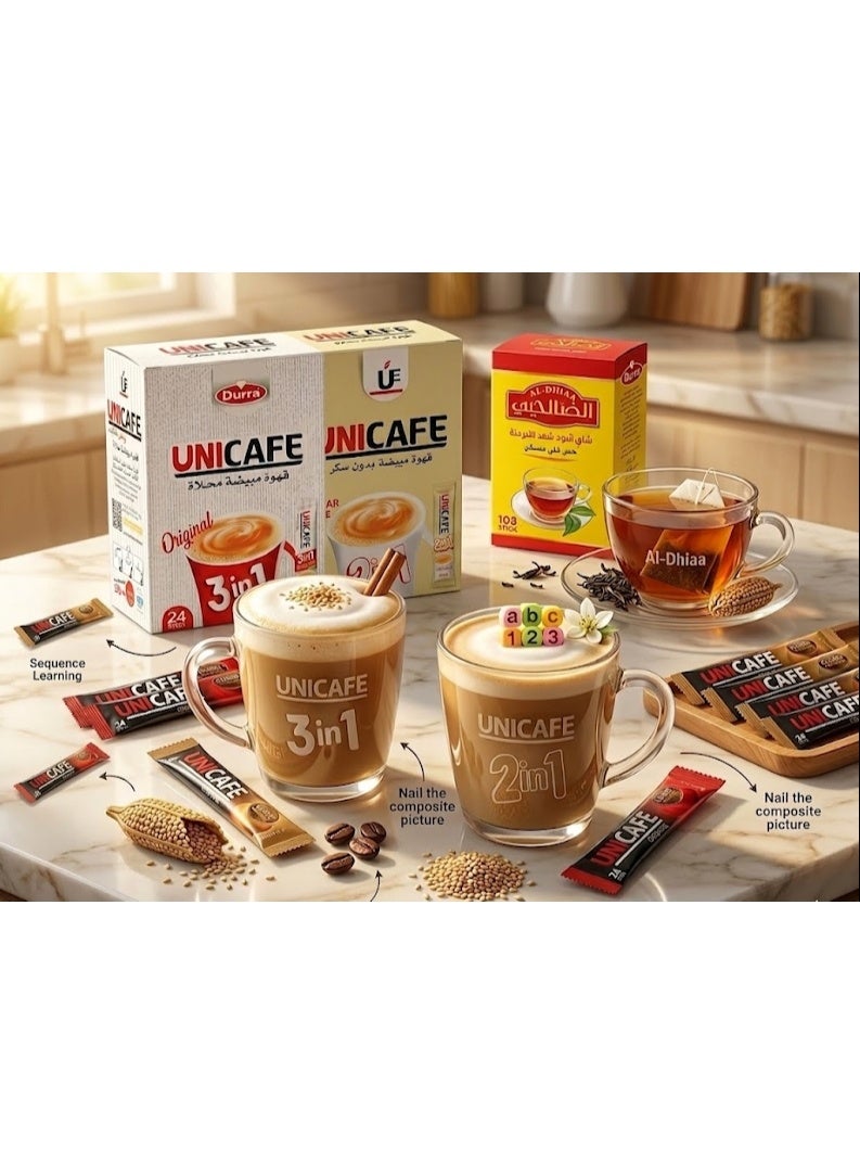 Unicafe Assorted Coffee Mix – 3 in 1 Sweetened + 2 in 1 Sugar Free + Classic Instant Coffee | 73 Sachets Total + Free Al-Saleheen Premium Tea - Image 4
