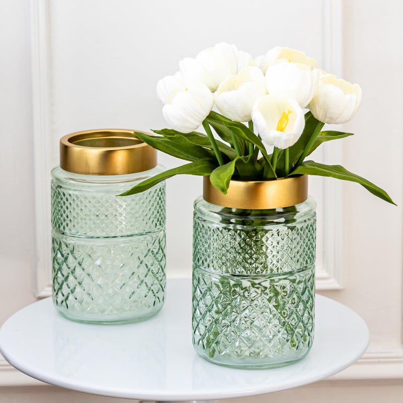 2Pack Flower Vase Glass Green Fluted Vase with Golden Metal TopStylish Decorative for Tabletop Centerpiece KitchenLiving RoomBedroomBathroomOffice