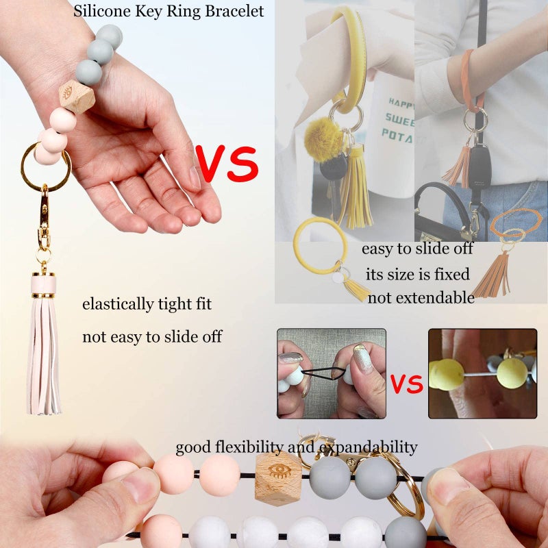 BIHRTC Silicone Bracelet Key Ring Bracelet Wristlet Beaded Bangle Wristlet Keychain with Leather Tassel for Women Car Keys Ring Holder - Image 4