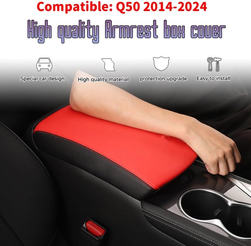 Bmolpt إكسسوارات داخلية مخصصة لسيارة إنفينيتي Q50 للأعوام 2014–2023: غطاء لصندوق المسند الأوسط المصنوع من الجلد، ووسادة للمسند، ووسادة واقية للمسند الأوسط (بلون أسود مع خياطة بيضاء). - Image 2