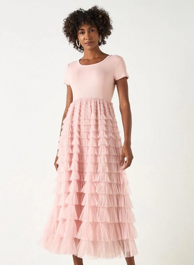 2Xtremz 2Xtremz Midi Dress with Round Neck and Ruffle Detail