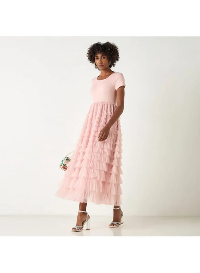 2Xtremz 2Xtremz Solid Midi Dress with Round Neck and Ruffle Detail