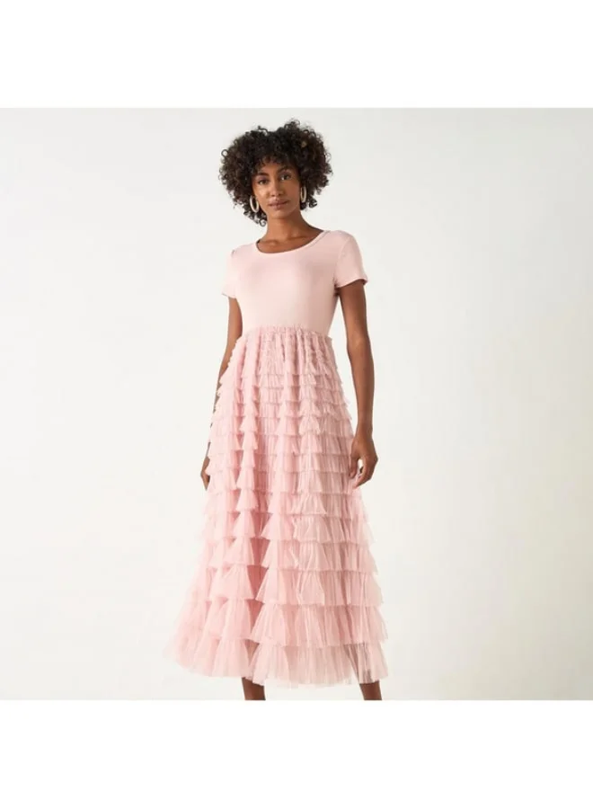 2Xtremz 2Xtremz Solid Midi Dress with Round Neck and Ruffle Detail