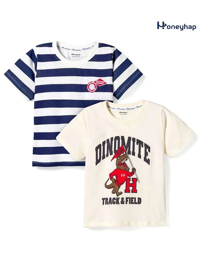 Honeyhap Honeyhap Premium 100% Cotton Knit Half Sleeves Striped & Dino Printed T-shirts With Bio Finish Pack of 2 - Navy Blue & Cream