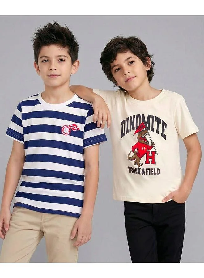 Honeyhap Honeyhap Premium 100% Cotton Knit Half Sleeves Striped & Dino Printed T-shirts With Bio Finish Pack of 2 - Navy Blue & Cream
