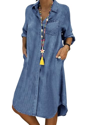 utcoco Denim Dress for Women 2025 Casual Loose Long Sleeve Classic Vintage Button Down Jean Shirt Dresses with Pockets (XX-Large, Light Blue) - Image 1