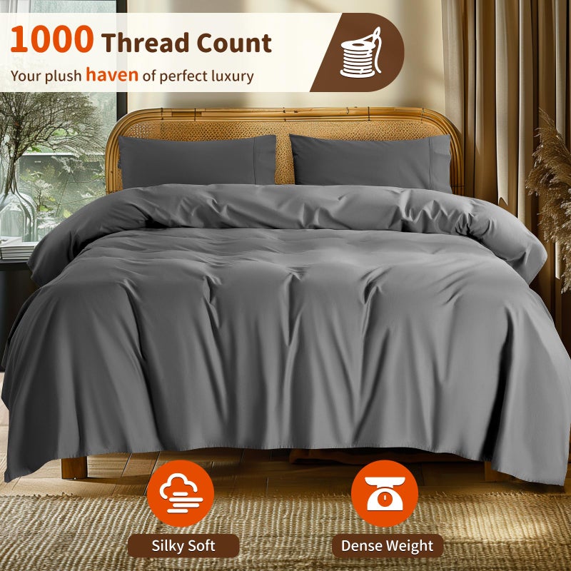 LBRO2M LBRO2M 1000 Thread Count 100% Cotton Sheets Set King Size Bed Sheet 4 Piece Sets Long Staple 16 Inches Deep Pocket All Season Bedding Super Soft Comforterble Breathable Sateen(Dark Grey)  - Image 2