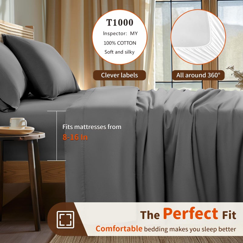 LBRO2M LBRO2M 1000 Thread Count 100% Cotton Sheets Set King Size Bed Sheet 4 Piece Sets Long Staple 16 Inches Deep Pocket All Season Bedding Super Soft Comforterble Breathable Sateen(Dark Grey)  - Image 3