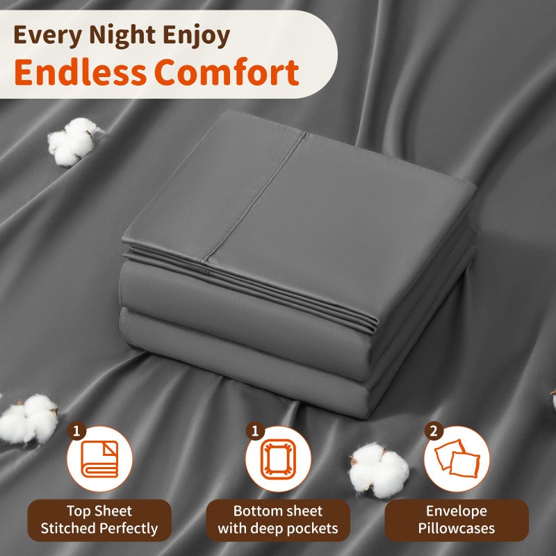LBRO2M LBRO2M 1000 Thread Count 100% Cotton Sheets Set King Size Bed Sheet 4 Piece Sets Long Staple 16 Inches Deep Pocket All Season Bedding Super Soft Comforterble Breathable Sateen(Dark Grey)  - Image 5