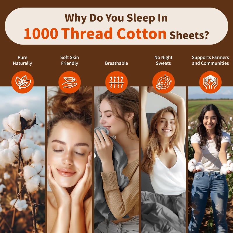 LBRO2M LBRO2M 1000 Thread Count 100% Cotton Sheets Set King Size Bed Sheet 4 Piece Sets Long Staple 16 Inches Deep Pocket All Season Bedding Super Soft Comforterble Breathable Sateen(Dark Grey)  - Image 4