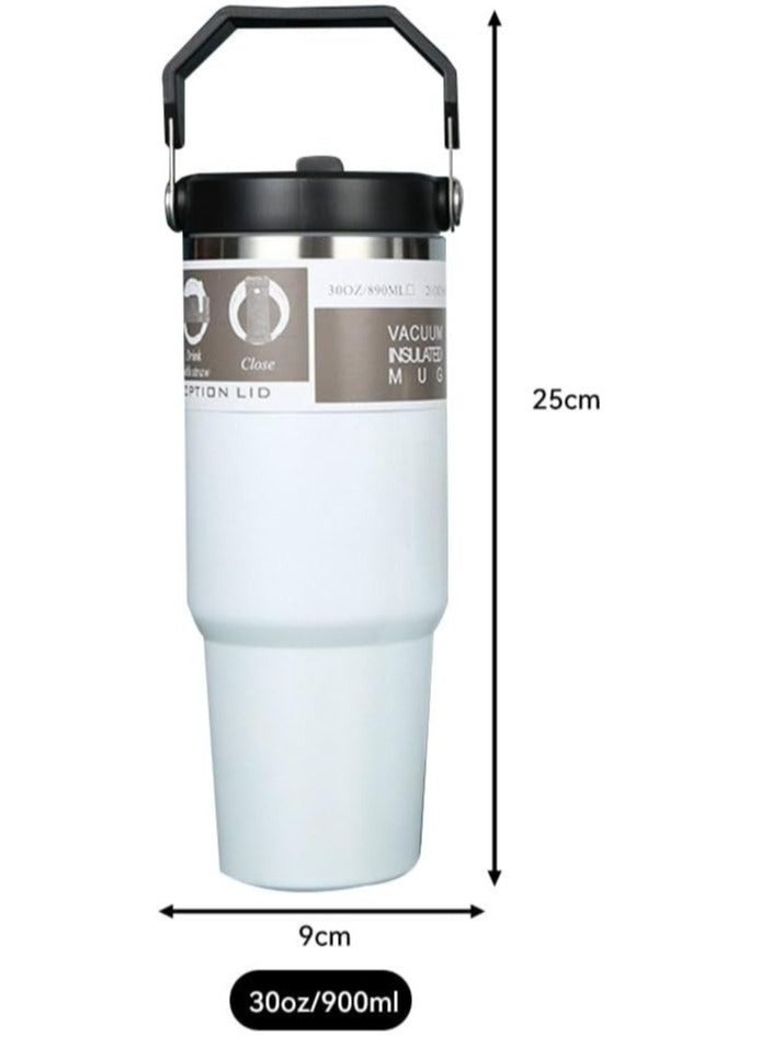 JAJEEK كوب من الفولاذ المقاوم للصدأ مع مقبض وغطاء قشة - زجاجة ماء معزولة بالفراغ | غطاء قابل للطي مقاوم للتسرب | كوب قابل لإعادة الاستخدام للمنزل أو المكتب أو السيارة أو السفر | يحافظ على المشروبات ساخنة أو باردة - Image 2