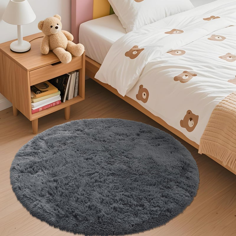 OLANLY Grey Round Rugs for Bedroom - Machine Washable, 3 ft Circle Area Rugs for Living Room, Soft and Fluffy Shaggy Carpet for Teen Girls and Boys, Nursery Rooms, Dorms, Home Decor Aesthetic - Image 3