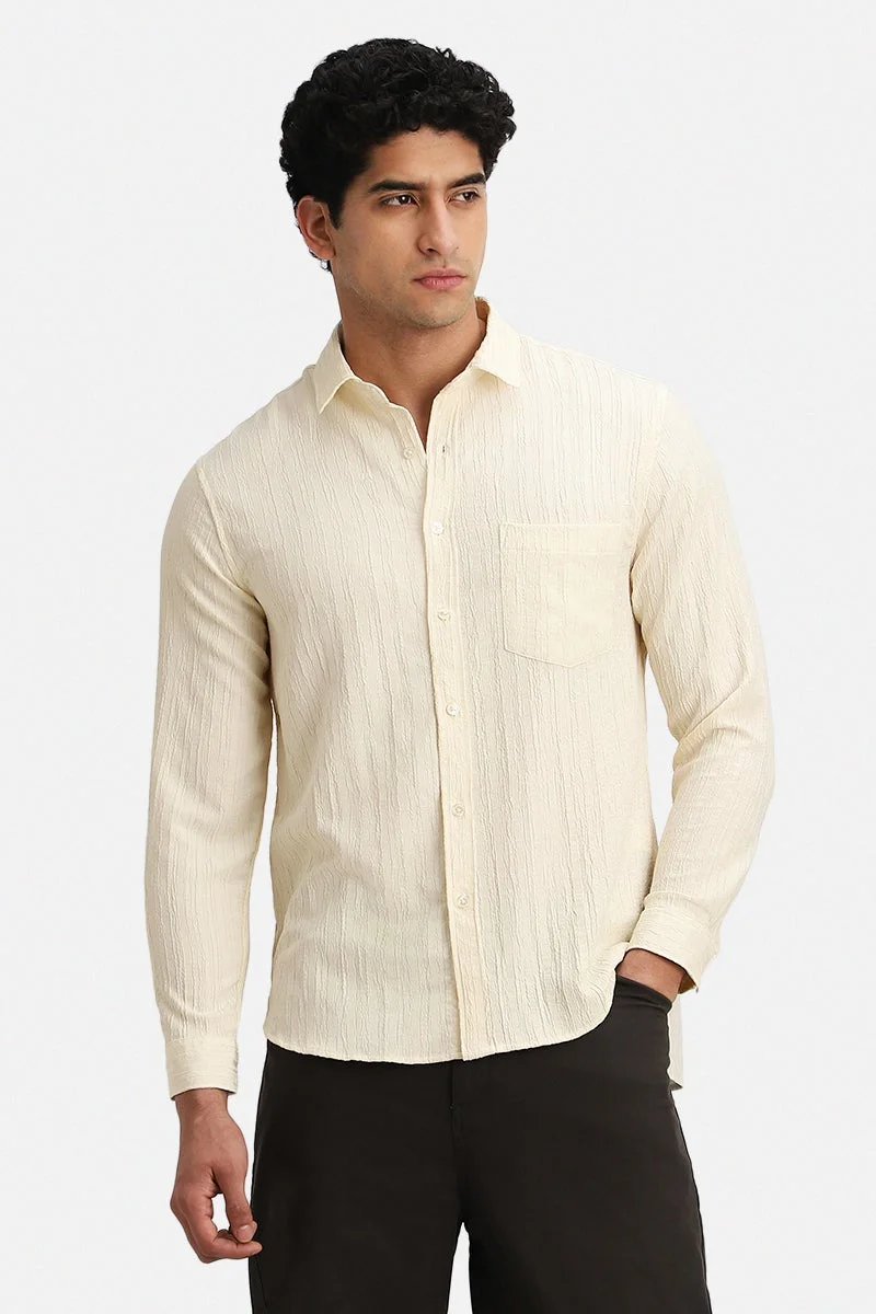 سنيتش Beige Textured Long Sleeve Regular Fit Shirt
