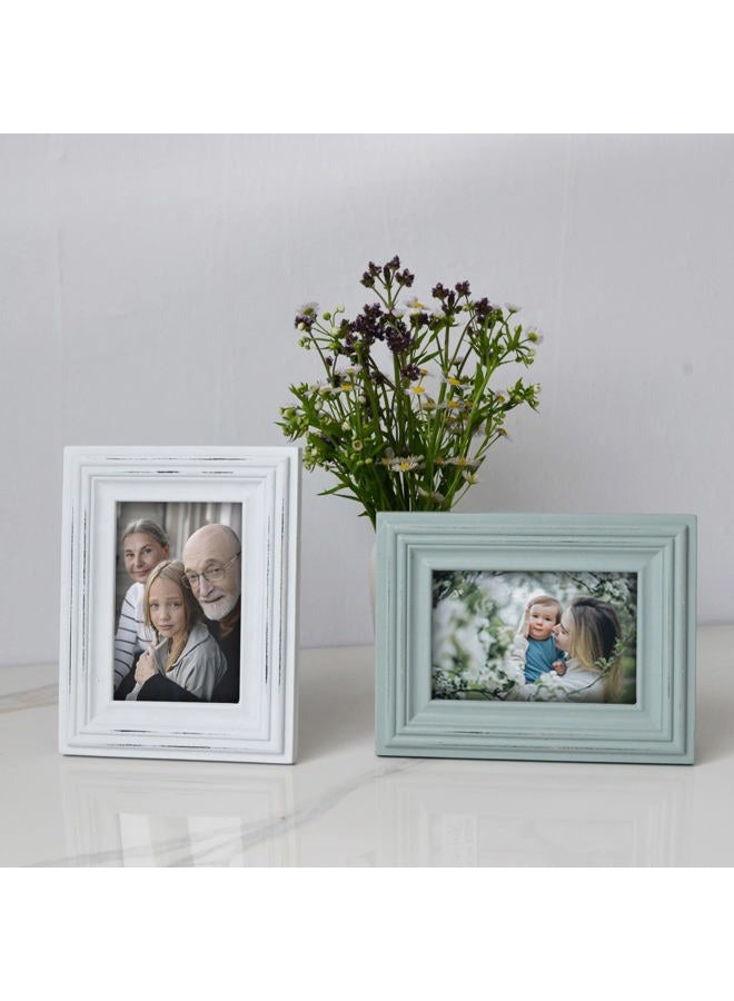 Buecasa Rustic 4x6 Inches Wooden Picture Frame Pack of 2 Vintage Cyan and White in Gift Box - Distressed Wood High Definition Glass Photo Frame Outside 6x8 Inches - Image 2