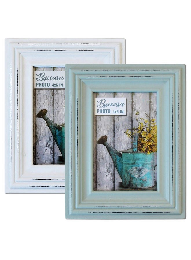 Buecasa Rustic 4x6 Inches Wooden Picture Frame Pack of 2 Vintage Cyan and White in Gift Box - Distressed Wood High Definition Glass Photo Frame Outside 6x8 Inches - Image 1