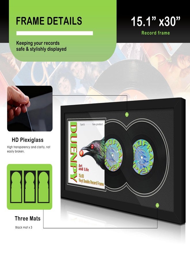 DUENPY Vinyl Record Display Frame 15.1x30 Inches Display Record Album and 12.5x12.5 Album Cover Art Wall Mount Double Black Mat - Image 4