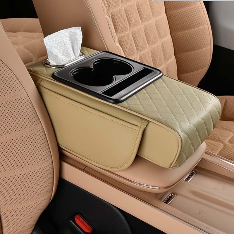 TANTRA Premium Car Armrest Cushion Organizers, 5-in-1 Center Console Cover with 2 Storage Bags Cup Holder, Tissue Box Slot, Phone Slot for Sedans, Car Accessories Interior Organizers (Beige) - Image 1