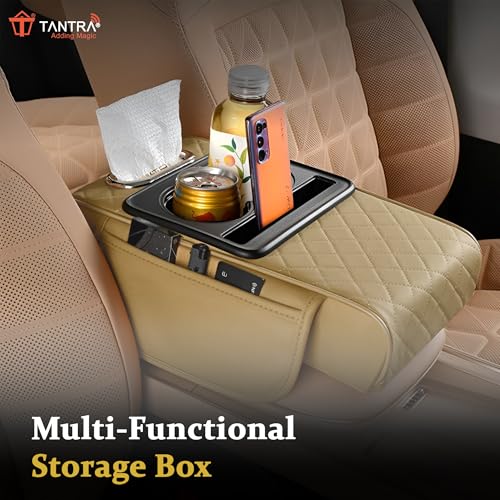 TANTRA Premium Car Armrest Cushion Organizers, 5-in-1 Center Console Cover with 2 Storage Bags Cup Holder, Tissue Box Slot, Phone Slot for Sedans, Car Accessories Interior Organizers (Beige) - Image 4