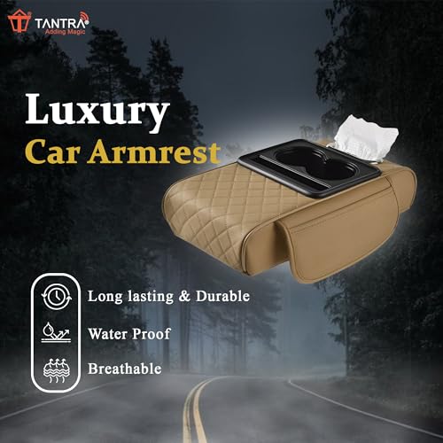 TANTRA Premium Car Armrest Cushion Organizers, 5-in-1 Center Console Cover with 2 Storage Bags Cup Holder, Tissue Box Slot, Phone Slot for Sedans, Car Accessories Interior Organizers (Beige) - Image 3