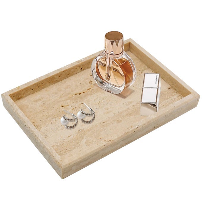 REAL NATURAL TRAVERTINE TRAY FOR BATHROOM VANITY KITCHEN AND DESKTOP RECTANGLE GENUINE TRAVERTINE STONE TRAY FOR JEWELRY COSMETICS CANDLES LOTION PERFUME AND HOME DECOR