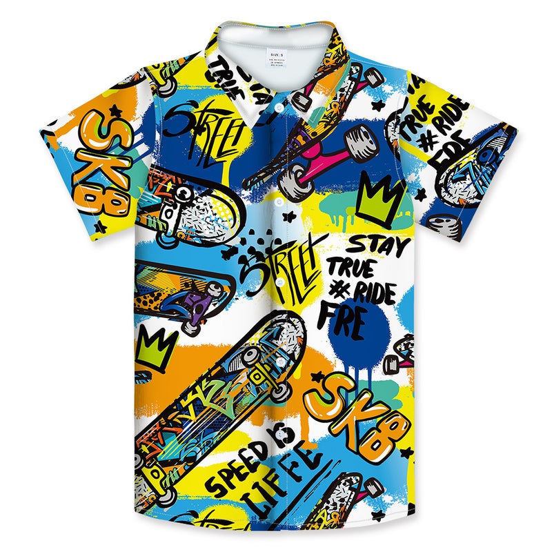 3D Digital Printing Graffiti Cartoon Children'S Summer Short-Sleeved Shirt Casual Lapel Children'S Clothing Large Lapel - Image 5