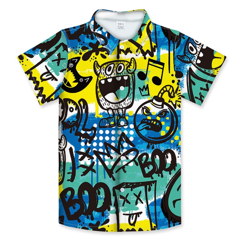 3D Digital Printing Graffiti Cartoon Children'S Summer Short-Sleeved Shirt Casual Lapel Children'S Clothing Large Lapel - Image 2
