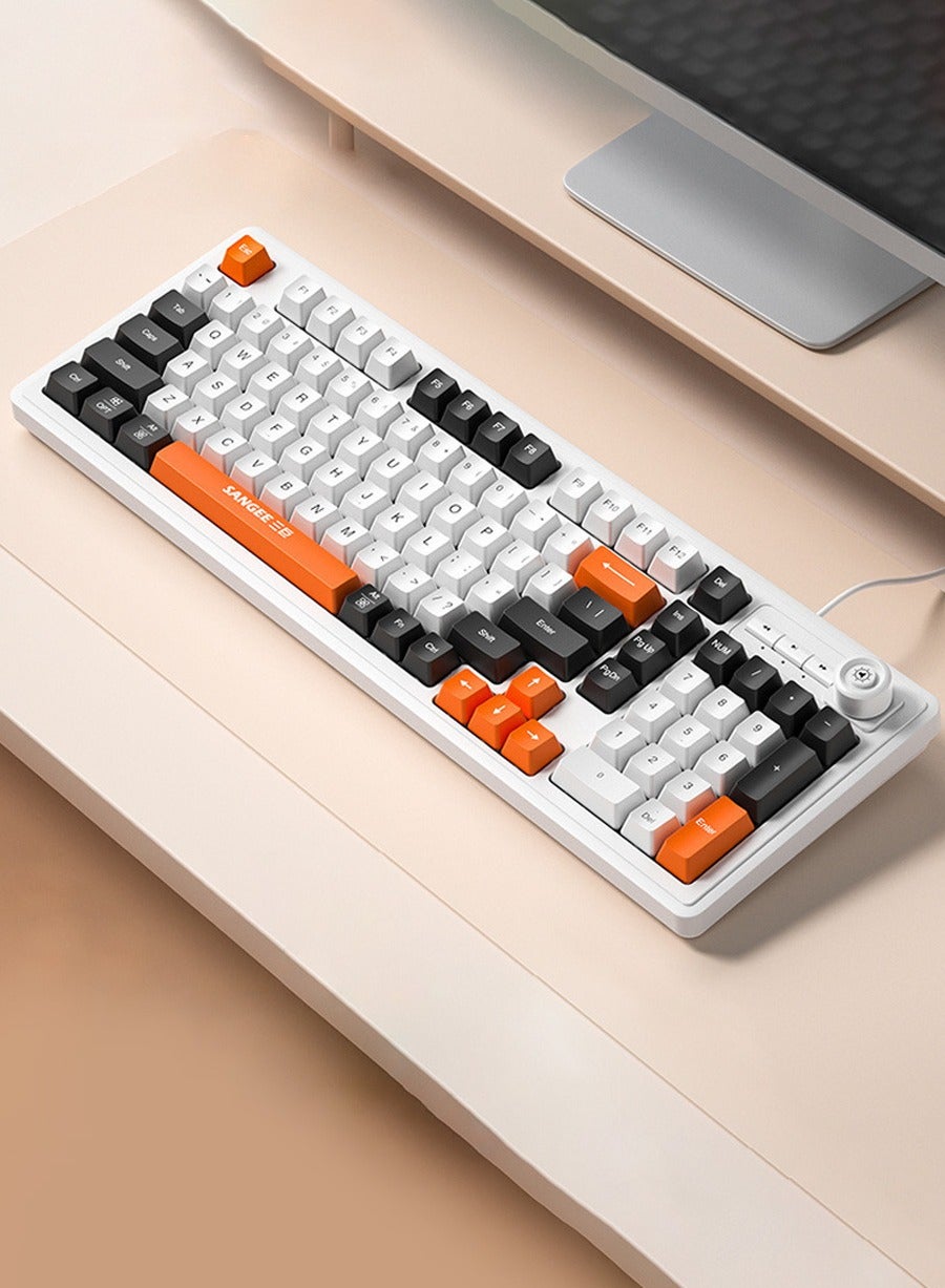 98-Key Wired Keyboard, Membrane Knob Keyboard, Color-coded Illuminated Mechanical Feeling, Mute, RGB Lighting Effects, Built-in Volume Knob, Suitable for Gaming, Office Use